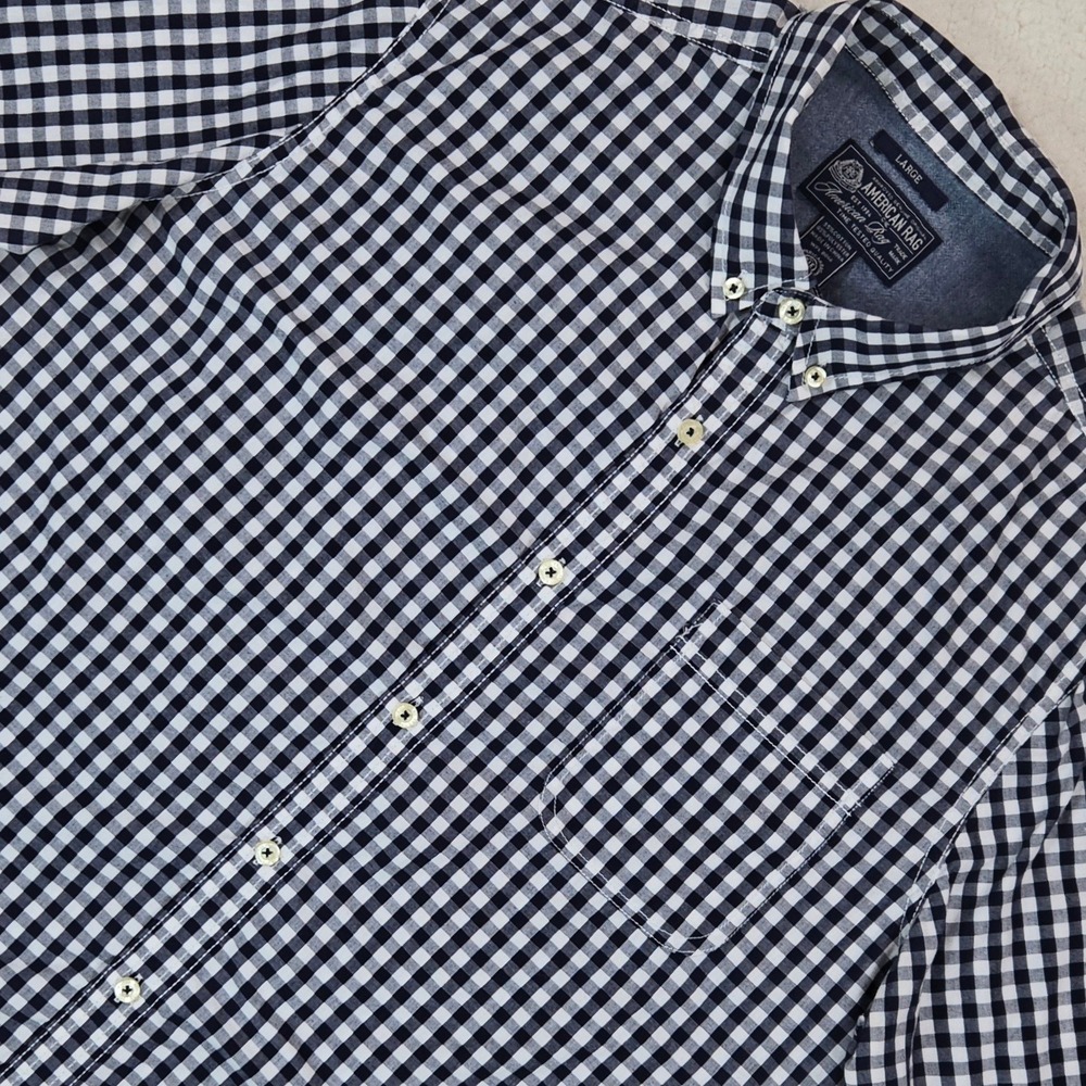 American Rag Button Down Shirt Mens L Navy Blue‎ White Gingham Check Long Sleeve
